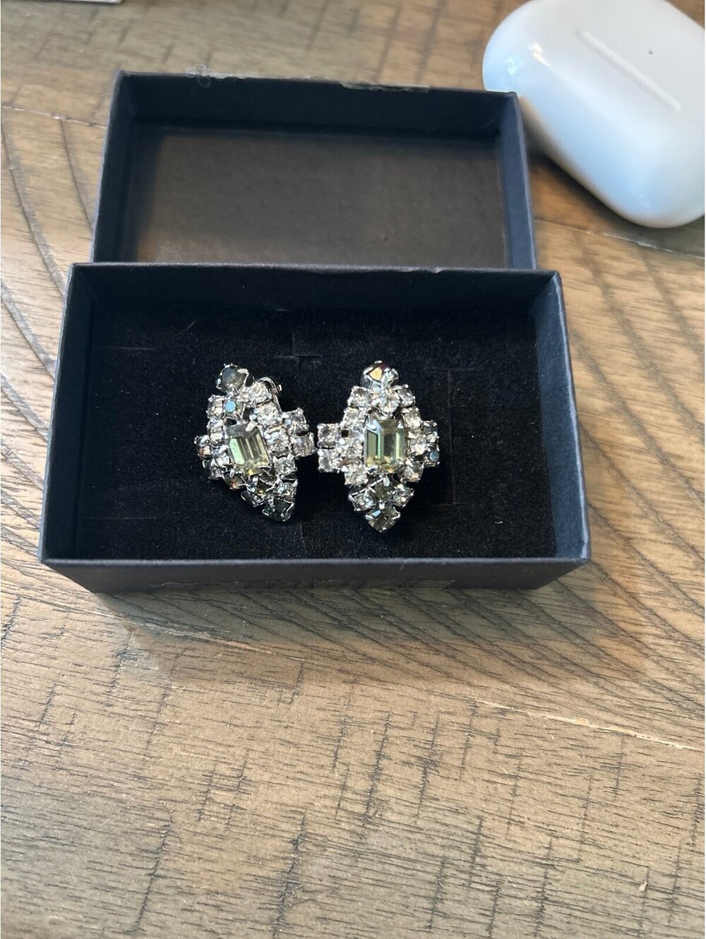 Vintage Rhinestone Clip-On Earrings Silver Tone Clear Crystal Statement